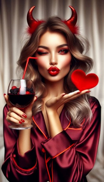 Демоническая красотка: пижама вампира и робкий поцелуй с ягодным вином. Генерация из нейросети Dalle 3