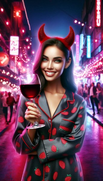 Загадочная вампирша в пижаме и вине. Генерация из нейросети Dalle