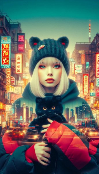 Ночная городская панорама с неоновым светом и девушкой в куртке. Нейросеть Dalle