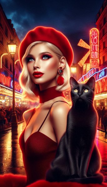Ночная городская панорама с эффектной девушкой в стиле Мулен Руж. Изображение из нейронной сети Dalle