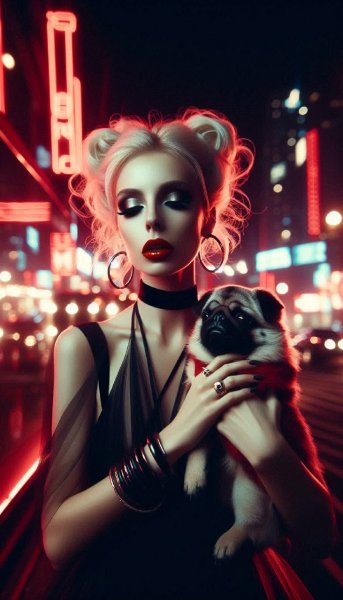 Блондинка в неоновом городе: бурлеск и ретро-романтика. Картинка из нейросети Dalle