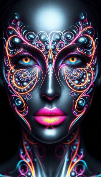 Неоновые спирали Фибоначчи и татуировки: портрет женщины в свете неоновых огней. Нейронная сеть Dalle 3