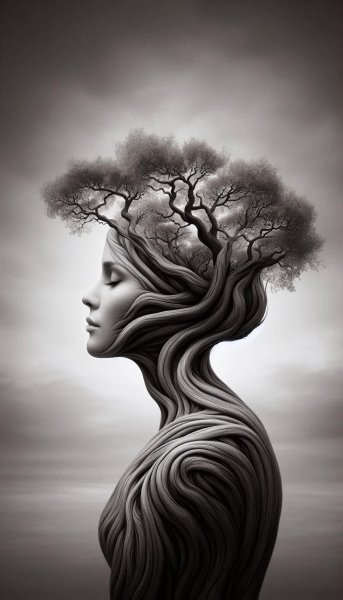Женщина и древо жизни: монохромная симфония природы и души в искусстве фотографии. Генерация из нейросети Dalle