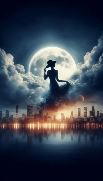 Ночная элегия: женщина, облака и город в лунном сиянии. Нейросеть Dalle