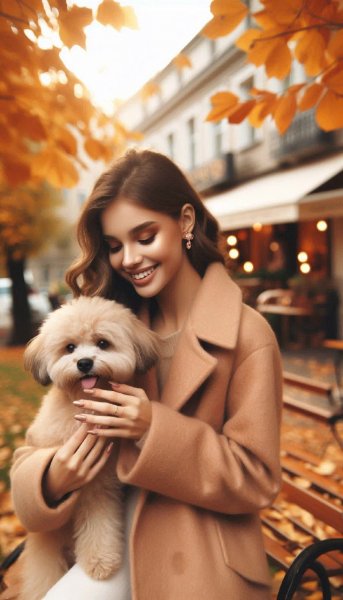 Осеннее настроение: девушка с собакой в парке и уютная кофейня. Картинка из нейросети Dalle