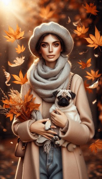 Осеннее настроение: уют, стиль и нежность в кадре с мопсом. Генерация из нейросети Dalle-3