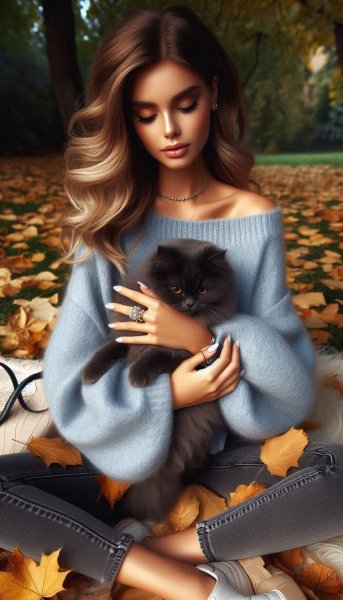 Осеннее настроение: уют, стиль и кошка в парке. Нейронная сеть Dalle-3
