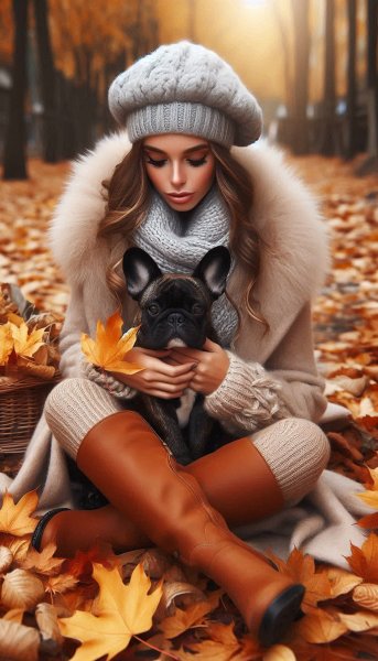 Осеннее тепло: уютный образ с французским бульдогом. Нейронная сеть Dalle