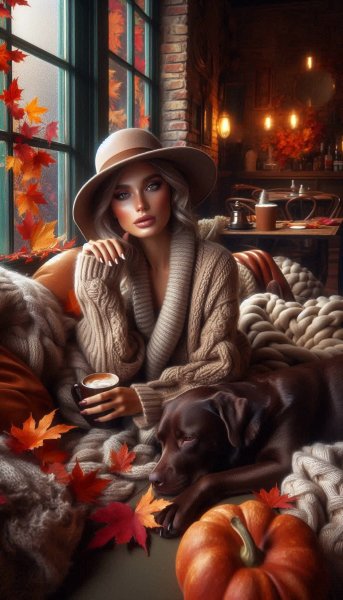 Осенняя гармония: уютное кафе и лабрадор. Изображение из нейросети Dalle 3