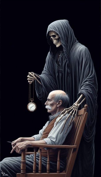 Старик и скелет: взгляд в прошлое с сожалением. Изображение из нейронной сети Dalle