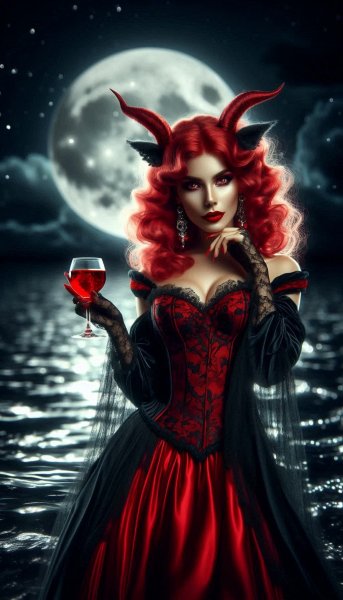 Рыжеволосая вампирша: бурлеск и демоническое вино в лунном свете. Нейросеть Dalle
