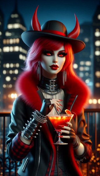 Рыжеволосая вампирша в ночном городе с демоническим котом. Нейросеть Dalle 3