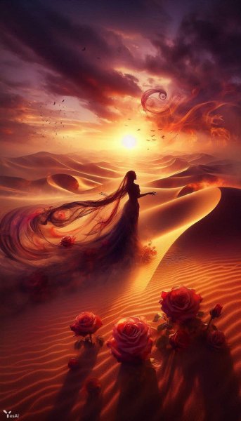 Загадочная женщина в пустыне: розы среди песков и отголоски потерянного рая. Картинка из нейронной сети Dalle 3