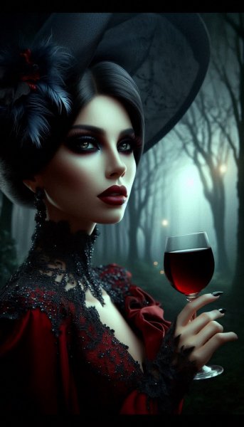 Вампирша в темном лесу: ночной портрет загадочной красоты и тайны вечного очарования. Изображение из нейронной сети Dalle-3