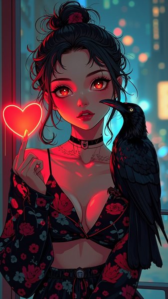 Неоновый взгляд: загадочная красота в черном шелке и алом сердце. Нейросеть Flux Ai