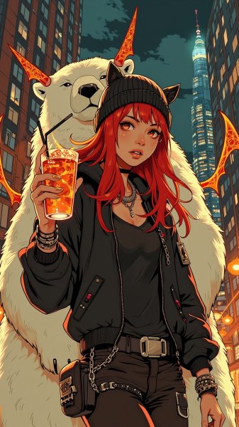 Ночная хищница в бомбере и с неоновыми крыльями: городской стиль и дерзкий взгляд. Изображение из нейронной сети Flux 1