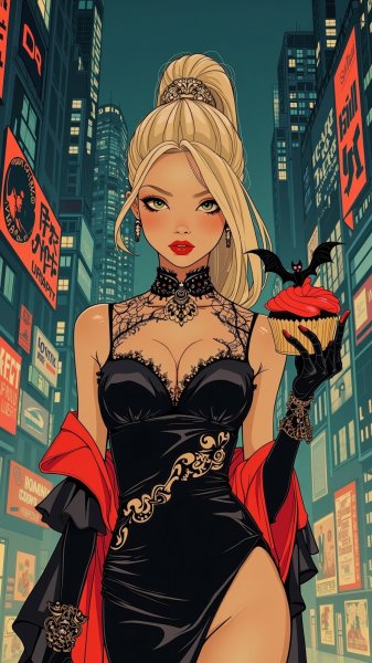 Ночная городская панорама: вампирша в стиле эклектики. Изображение из нейросети Flux.1