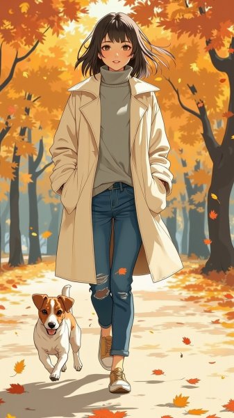 Осенняя прогулка с любимым питомцем: уют и стиль в теплом свете заката. Генерация из нейросети Flux.1