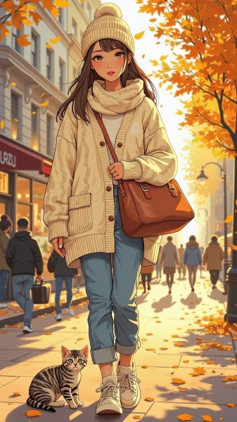 Осеннее настроение: уютная девушка в городском пейзаже с котенком. Нейронная сеть Flux.1