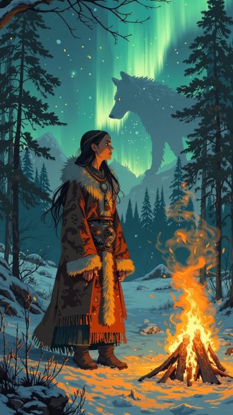 Шаманка и северное сияние: видение будущего в пламени костра и тумане духов. Нейросеть Flux 1