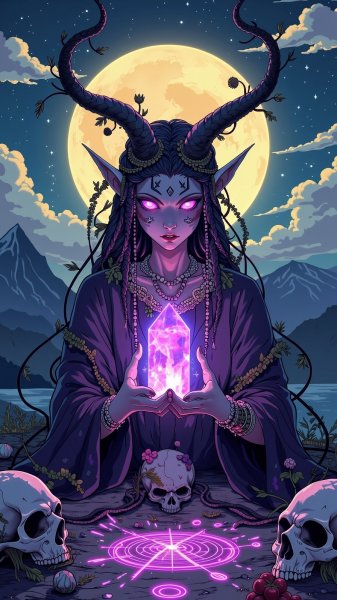 Таинственный ритуал ведьмы под звездным небом и светящийся кристалл. Генерация из нейронной сети Flux