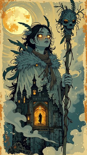 Загадочный шаман в древнем круге под кровавой луной. Картинка из нейросети Flux.1