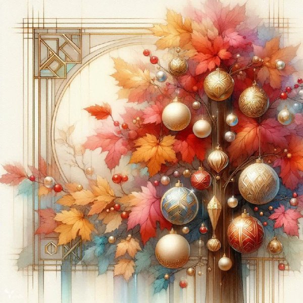 Осеннее дерево с новогодним настроением и размытым фоном. Нейросеть Dalle