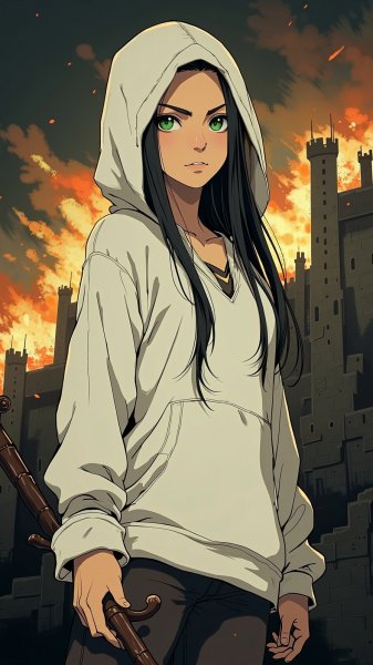 Могучая воительница с посохом и взрывами. Картинка из нейросети Flux