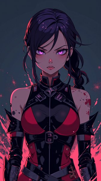 Воинственная красавица в черном и алом: иллюстрация темного фэнтези. Картинка из нейросети Flux Ai