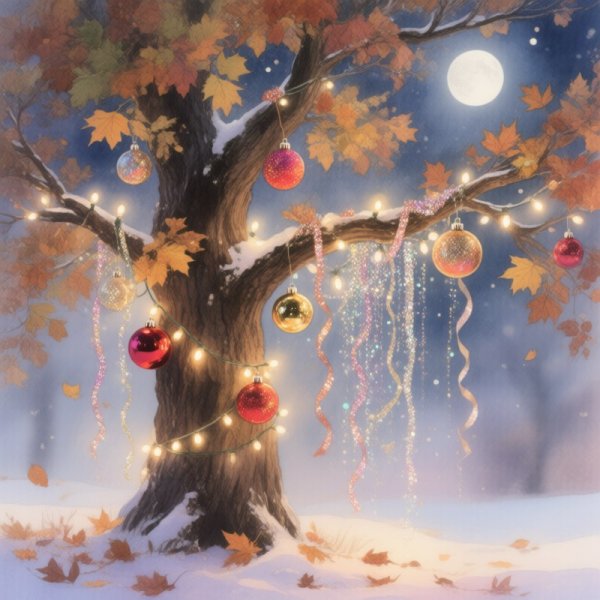 Осеннее волшебство: Ёлка из листьев и огней. Картинка из нейросети Qwen Ai Images