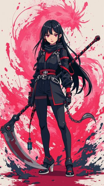 Воительница с косой: цифровая иллюстрация в розовых тонах и мрачной атмосфере. Нейронная сеть Flux 1