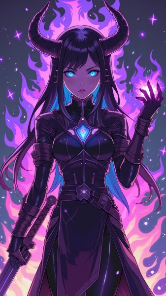 Воительница с мечом: ярость и сила в пурпурном пламени. Картинка из нейросети Flux 1