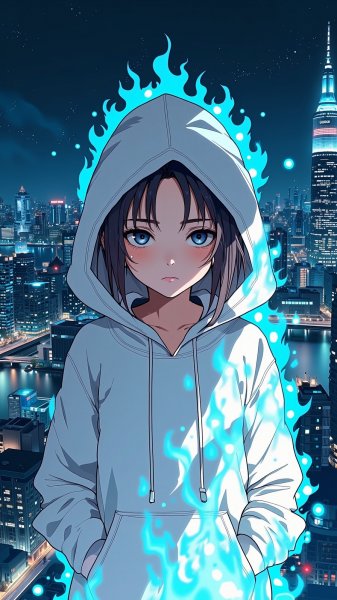 Девушка в толстовке с огненным силуэтом городского пейзажа ночью. Изображение из нейронной сети Flux Ai