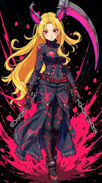 Яркая нимфа с огненным косой и серпом смерти. Изображение из нейросети Flux.1