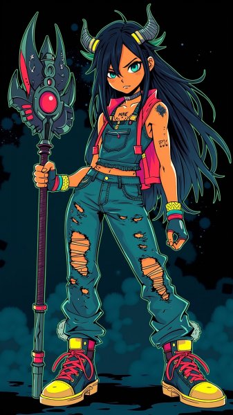 Дерзкая панк-девушка с оружием в неоновом стиле. Изображение из нейросети Flux.1