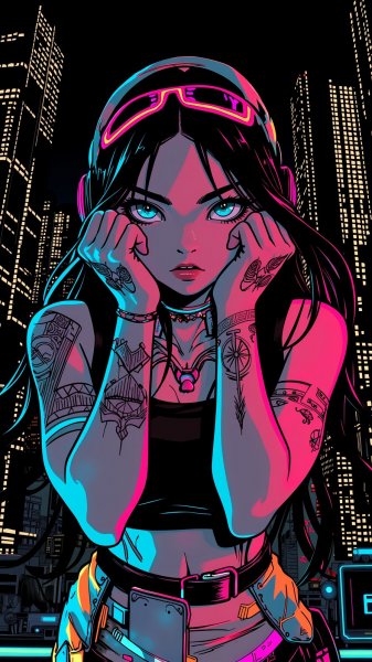 Неоновый силуэт: тайна городской ночи и загадочная рейв-девушка. Изображение из нейросети Flux.1