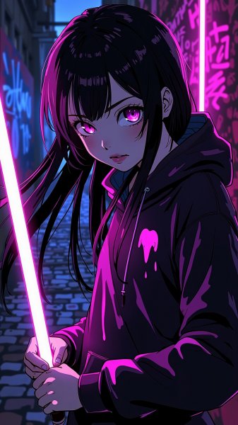 Неоновая эмо-девушка в темном переулке с граффити и таинственным взглядом. Картинка из нейронной сети Flux Ai