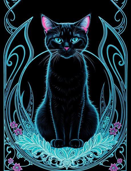 Неоновый кот: таинственный портрет в сине-белых тонах. Генерация из нейронной сети Stable Diffusion