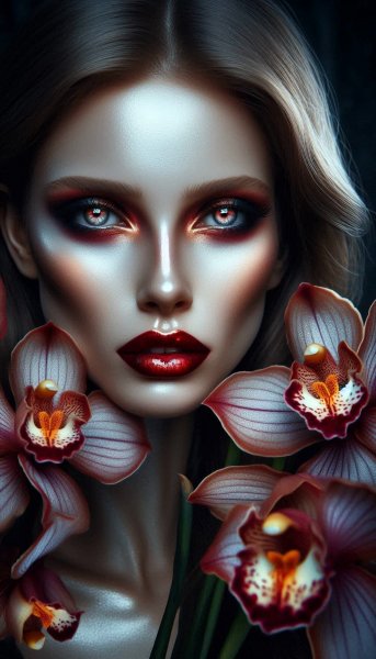 Загадочный взгляд вампирши в лепестках экзотических орхидей: портрет в драматичном свете. Генерация из нейронной сети Dalle