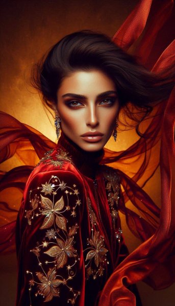 Загадочная красота в алом бархате и звёздном мерцании. Генерация из нейронной сети Dalle