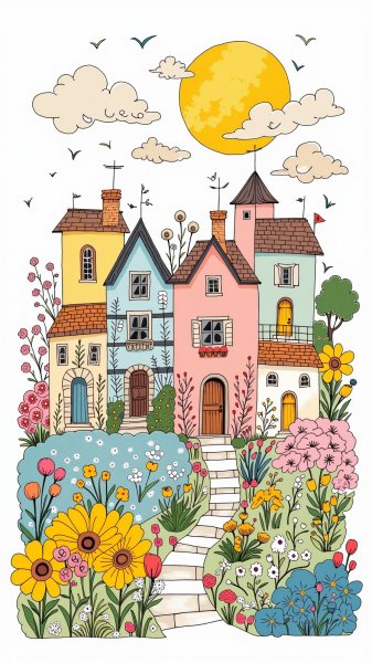 Уютные домики на холме: весеннее настроение в стиле наивного искусства. Генерация из нейросети Flux Ai