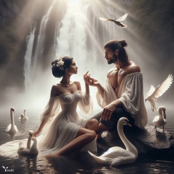 Волшебная встреча у водопада: романтика и сказочное сияние. Нейросеть Dalle 3