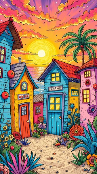 Заливные домики Зентангл: Радость на берегу в лучах заката. Изображение из нейронной сети Flux 1