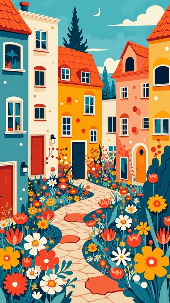 Яркий город в наивном стиле: сказочные дома и буйство цветов. Генерация из нейронной сети Flux