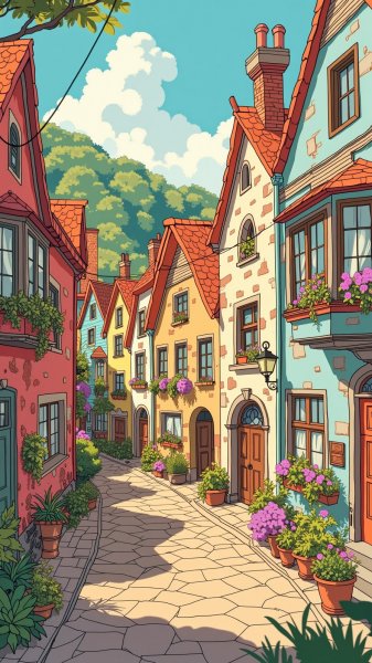 Уютная улица сказочных домов и невероятных приключений. Изображение из нейронной сети Flux 1
