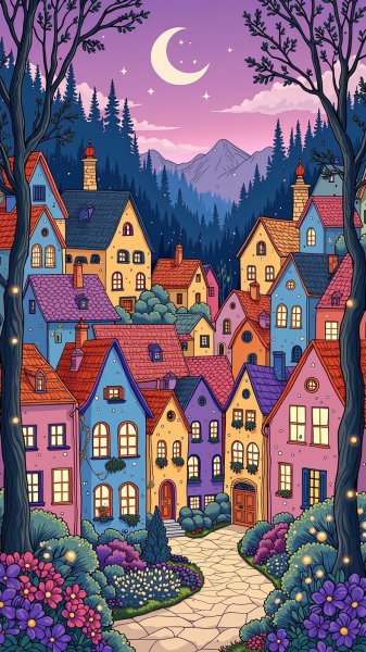 Очаровательная деревня под фиолетовым небом: уютная иллюстрация в стиле скетчинга. Генерация из нейросети Flux.1