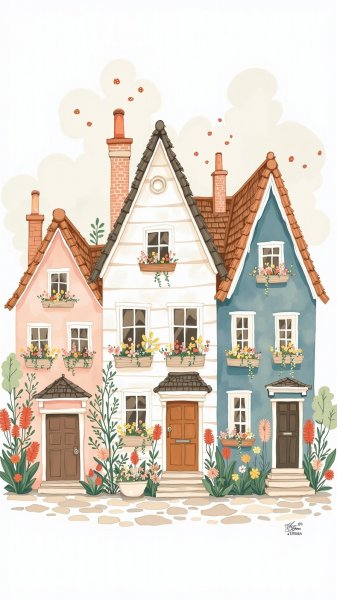 Уютные домики в стиле коттеджкор: акварельный натюрморт с цветами и радостью. Изображение из нейросети Flux.1