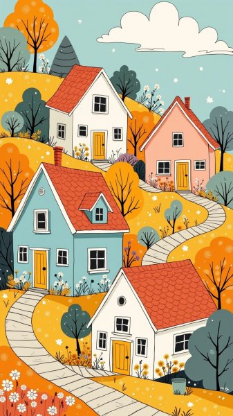 Сказочные домики на холме: наивное искусство в пастельных тонах и стиле Гармашовой. Картинка из нейросети Flux Ai
