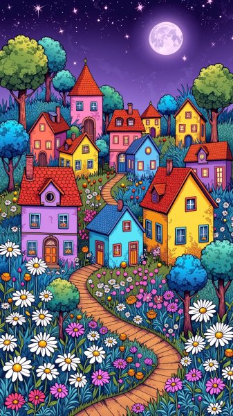 Яркий мультяшный поселок: цифровое искусство и ночное небо. Картинка из нейронной сети Flux.1