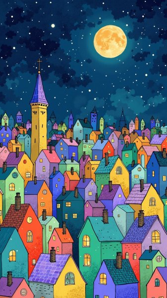 Ночная сказка: очаровательные домики в наивном стиле и ярких тонах. Генерация из нейросети Flux Ai